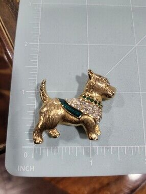 Swarovski Gold Tone Scottie Dog Brooch Pin with Green and White Crystals
